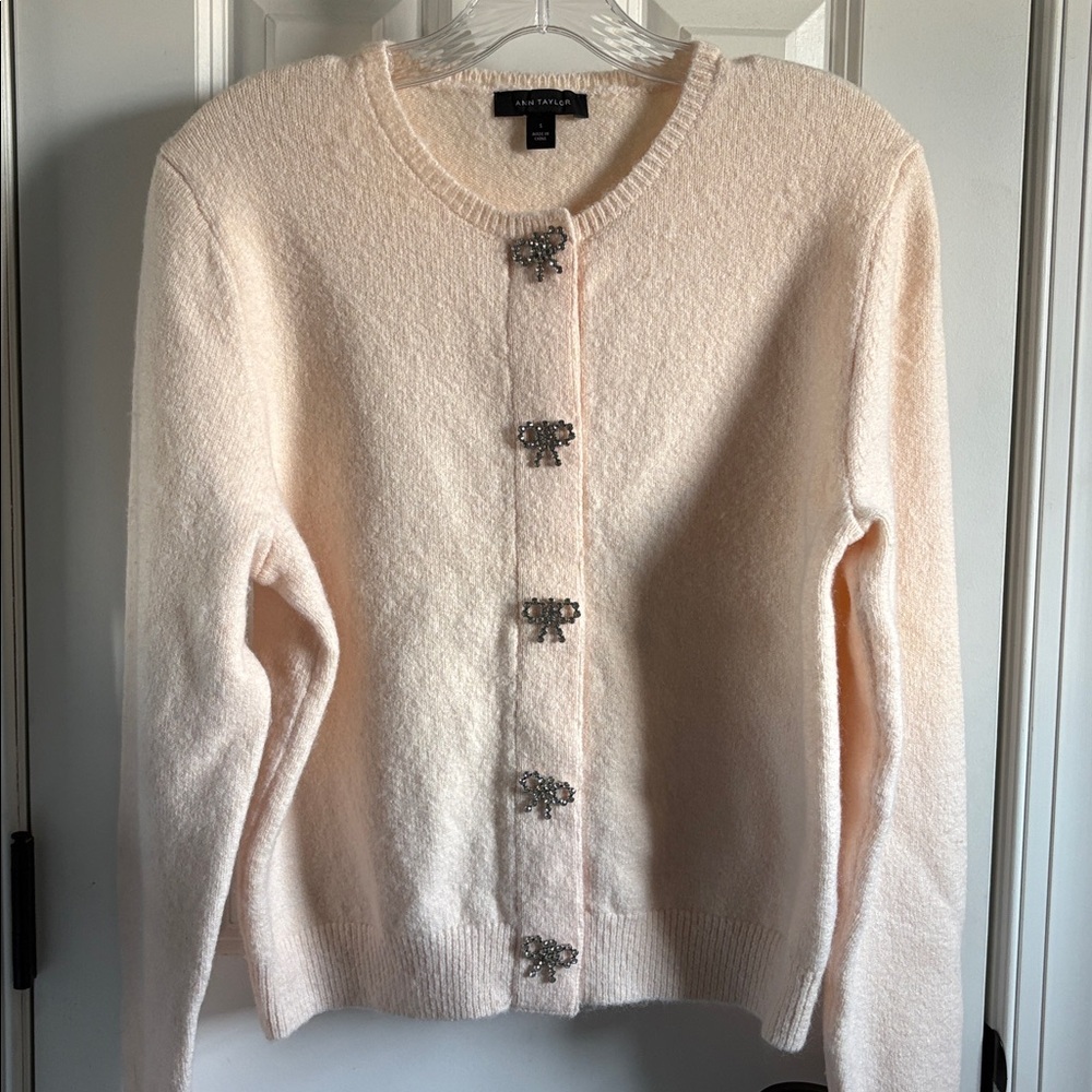 Ann Taylor Crystal Rhinestone Bow Ivory Cream Cardigan Sweater S